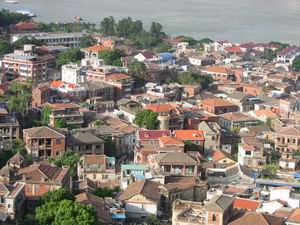 An aerial view of the maze of old buildings that help explain why Xiamen was called the "city without a straight street"