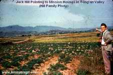 Jack Hill pointing to mission compound in Tong'an Valley