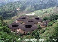 Aerial view of a cluster of Hakka earthen roundhouses (and a square roundhouse in the middle!)